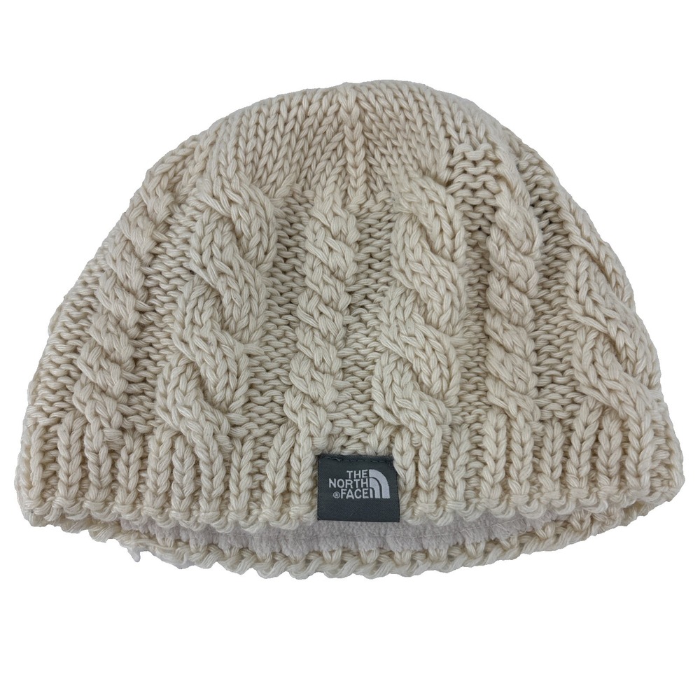North Face Beanie Ivory CableKnit Hat OS Wool Acrylic Alpaca Unisex Fleece Lined